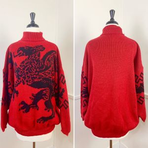 1980's Vintage Red and Black Oversized Turtleneck with Griffon | Wool-Acrylic Blend | Made in Italy