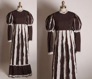 1960s Black, White & Red Mutton Sleeve Lace Striped Edwardian Renaissance Full Length Cottagecore