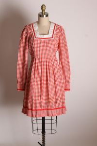 Late 1960s Early 1970s Red & White Gingham Prairie Cottagecore Square Neck Ruffle Hem Mini Dress - S - Fashionconstellate.com