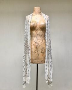 Antique 1920s Assuit Shawl, Egyptian Revival Wrap, Ivory Mesh with Hammered Goldtone Metal, Art Deco - Fashionconstellate.com