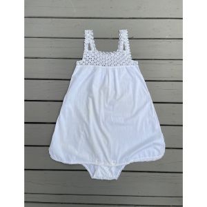 1910s white cotton step in teddy romper with crocheted yoke pintuck pleats a French knots