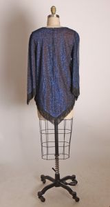 1960s Blue and Black Metallic Lurex Woven 3/4 Length Sleeve Fringe Shirt Blouse - M - Fashionconstellate.com