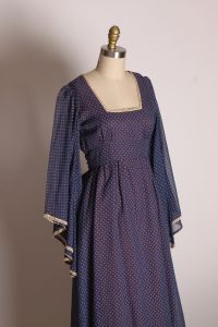 1970s Blue & Cream Polka Dot Angel Sleeve Full Length Long Sleeve Prairie Cottagecore Prairie Dress - Fashionconstellate.com