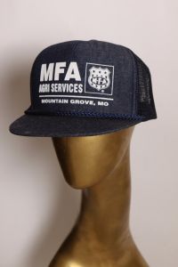 1970s Denim Style Blue & White MFA Agri Services Mountain Grove Missouri Trucker Hat Ball Cap - Fashionconstellate.com