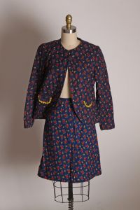 1960s Dark Blue, Red & Yellow Floral Calico Long Sleeve Quilted Jacket w/Matching Mini Skirt - S/M - Fashionconstellate.com