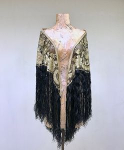 Antique 1920s Silk Lace Shawl with Fringe, Art Deco Black and Gold Floral Evening Wrap, RARE 20s  - Fashionconstellate.com