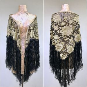 Antique 1920s Silk Lace Shawl with Fringe, Art Deco Black and Gold Floral Evening Wrap, RARE 20s 