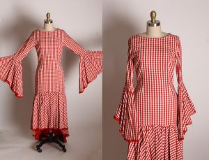 Early 1960s Red White Gingham Long Angel Sleeve Ankle Length Flamenco Spanish Cottagecore Prairie