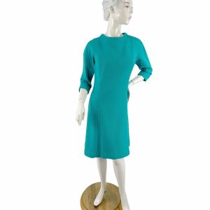 1980s turquoise wool sheath dress with banded collar princess seams Rickie Freeman Teri Jon Size 4