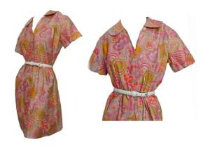 Vintage 1960s Mod Hot Pink Abstract Print Cotton Wiggle Dress Mini Skirt | L - Fashionconstellate.com