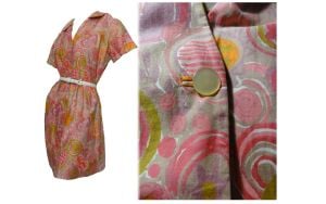 Vintage 1960s Mod Hot Pink Abstract Print Cotton Wiggle Dress Mini Skirt | L