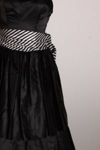 1980s Black & White Satin Striped Beetlejuice Southern Belle Formal Strapless Prom Dress Gunne Sax - Fashionconstellate.com