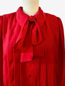 80s True Red Tie Neck Tuxedo Pleat Pussy Bow Blouse by Townhouse | VTG size 12 Fits S/M - Fashionconstellate.com