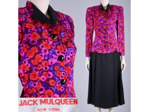 Vintage 1980s Size 6 Jack Mulqueen Neon Silk Blouse Top Skirt Suit Set Dress | M