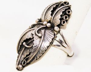 Sterling Statement Ring - Size 8 Silver Tropical Leaves Berries - Native American Artisan Edith Kee 