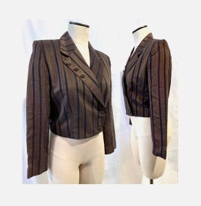 80's Striped Cropped Military Jacket by Componix | Crop Statement Blazer | Fits XS/S