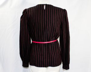 1980s Christian Dior Shirt - Size 8 Black & Rosy Pink Pinstriped Office Blouse - 80s Medium Striped  - Fashionconstellate.com