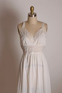 1950s White Nylon Ruched Bodice Attached Waist Ties Nightgown Lingerie by Rogers - S - Fashionconstellate.com