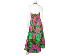 Vintage 1960s Maxi Dress Halter Style Floral Chiffon Garden Party Size M - Fashionconstellate.com