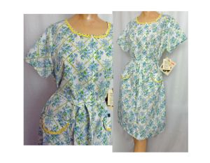 Vintage 60s Deadstock Blue Floral Print Day Dress Shift Yellow Ric Rac Trim by Step-'n-Go