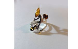 Vintage Avant Garde Amber Statement Ring Multi Color Three Stone Silver Ring