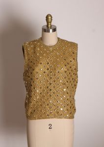 1950s Gold Sequin Sleeveless Wool Zip Up Back Blouse by Made in British Hong Kong - L - Fashionconstellate.com