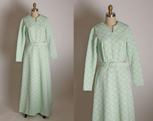 Late 1960s Early 1970s Mint Green and Silver Lurex Long Sleeve Double Knit Full Length Belted Formal