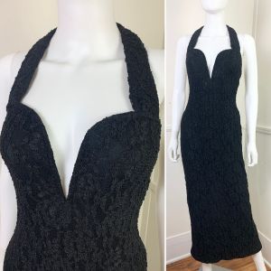 1990's Vintage Black Lace Deep V Neckline Halter Dress | Bust 34'' to 36'' | Waist 26'' to 30''