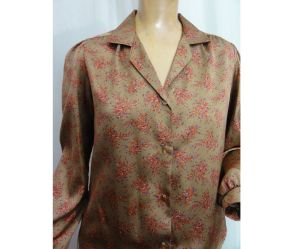 Vintage 70s Shirt Dainty Floral Print Blouse Long Sleeve Autumn Tones of Bronze Purple Red | M/L - Fashionconstellate.com