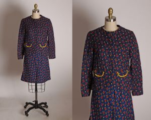 1960s Dark Blue, Red & Yellow Floral Calico Long Sleeve Quilted Jacket w/Matching Mini Skirt - S/M