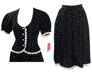 XS Designer Summer Dress - Black & White Polka Dot 1980s Mollie Parnis Set Wasp Waisted Short Sleeve