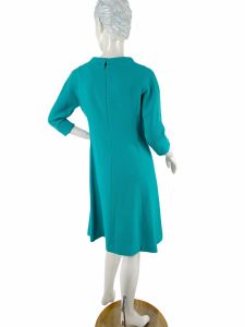 1980s turquoise wool sheath dress with banded collar princess seams Rickie Freeman Teri Jon Size 4 - Fashionconstellate.com