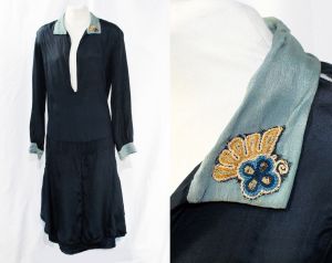 1920s Flapper Dress As Is Salvage Condition Blue Silk with Chain Stitch Art Deco Flower - Authentic