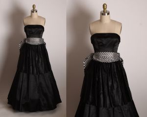 1980s Black & White Satin Striped Beetlejuice Southern Belle Formal Strapless Prom Dress Gunne Sax