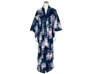Vintage Black Cotton Kimono Yukata Robe with Chrysanthemums Print Size M - Fashionconstellate.com