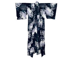 Vintage Black Cotton Kimono Yukata Robe with Chrysanthemums Print Size M
