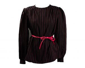 1980s Christian Dior Shirt - Size 8 Black & Rosy Pink Pinstriped Office Blouse - 80s Medium Striped 