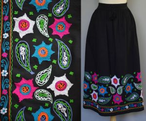 70s East India Skirt, Floral Embroidered Black Cotton Midi Skirt, Adjustable Drawstring Waist