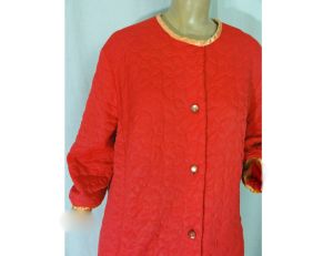 Vintage 60s Robe Quilted Orange Housecoat Button Down Bathrobe Lined Nylon | Size L/XL - Fashionconstellate.com
