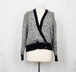 80s Cardigan Sweater Black White Marled Knit by D.D. Sloane | Vintage Misses M
