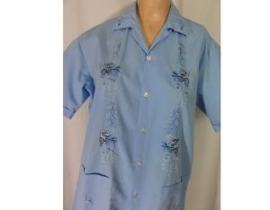 Vintage 60s Men's Embroidered Blue Cotton Philippine Wedding Shirt Horse & Buggy Kalesa Design - Fashionconstellate.com
