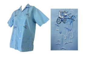 Vintage 60s Men's Embroidered Blue Cotton Philippine Wedding Shirt Horse & Buggy Kalesa Design