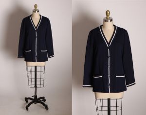 Late 1960s Early 1970s Navy Blue and White Knit Button Up Cardigan Sweater by Butte Knit - L