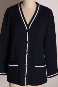 Late 1960s Early 1970s Navy Blue and White Knit Button Up Cardigan Sweater by Butte Knit - L - Fashionconstellate.com