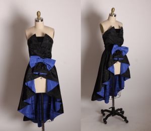 1980s Black and Blue Asymmetrical Strapless High Cut Front Hostess Overskirt Formal Cocktail Dress