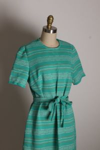 Late 1960s Early 1970s Green, White & Orange Brown Geometric Short Sleeve Shift Dress with Jacket - Fashionconstellate.com