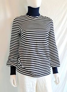 1970s Navy And White Striped Aileen Turtle Neck Pullover Blouse Balloon Sleeves