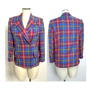 90's Bright Pink Blue & Gold Plaid Tweed Blazer | XS/S