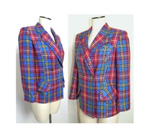 90's Bright Pink Blue & Gold Plaid Tweed Blazer | XS/S - Fashionconstellate.com