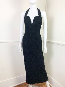 1990's Vintage Black Lace Deep V Neckline Halter Dress | Bust 34'' to 36'' | Waist 26'' to 30'' - Fashionconstellate.com